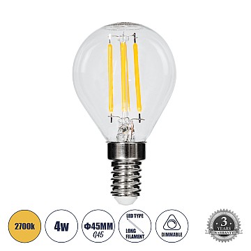 Glint® Λάμπα Led Long Filament E14 G45 Γλομπάκι 4W 400Lm 360° Ac 220-240V Ip20 Φ4.5 X Υ7.5Cm Θερμό Λευκό 2700K Με Διάφανο Γυαλί Dimmable