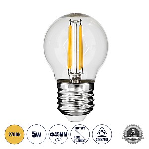 Glint® Λάμπα Led Long Filament E27 G45 Γλομπάκι 5W 500Lm 360° Ac 220-240V Ip20 Φ4.5 X Υ7.5Cm Θερμό Λευκό 2700K Με Διάφανο Γυαλί - Dimmable