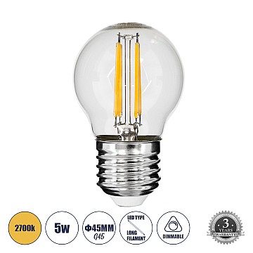 Glint® Λάμπα Led Long Filament E27 G45 Γλομπάκι 5W 500Lm 360° Ac 220-240V Ip20 Φ4.5 X Υ7.5Cm Θερμό Λευκό 2700K Με Διάφανο Γυαλί - Dimmable