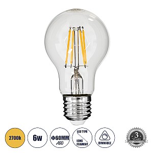 Glint® Λάμπα Led Long Filament E27 A60 Γλόμπος 6W 600Lm 360° Ac 220-240V Ip20 Φ6 X Υ10.5Cm Θερμό Λευκό 2700K Με Διάφανο Γυαλί - Dimmable