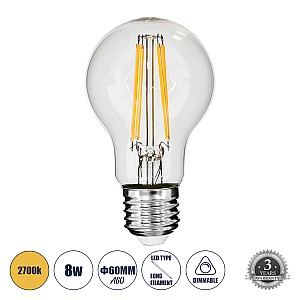 Glint® Λάμπα Led Long Filament E27 A60 Γλόμπος 8W 800Lm 360° Ac 220-240V Ip20 Φ6 X Υ10.5Cm Θερμό Λευκό 2700K Με Διάφανο Γυαλί - Dimmable