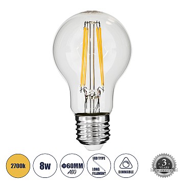 Glint® Λάμπα Led Long Filament E27 A60 Γλόμπος 8W 800Lm 360° Ac 220-240V Ip20 Φ6 X Υ10.5Cm Θερμό Λευκό 2700K Με Διάφανο Γυαλί - Dimmable