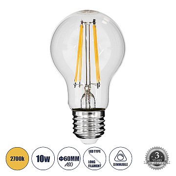 Glint® Λάμπα Led Long Filament E27 A60 Γλόμπος 10W 1000Lm 360° Ac 220-240V Ip20 Φ6 X Υ10.5Cm Θερμό Λευκό 2700K Με Διάφανο Γυαλί - Dimmable