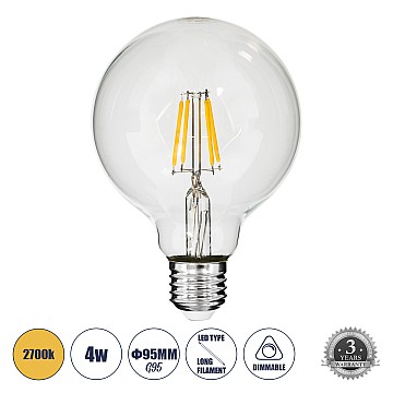 Glint® Λάμπα Led Long Filament E27 G95 Γλόμπος 4W 400Lm 360° Ac 220-240V Ip20 Φ9.5 X Υ13.5Cm Θερμό Λευκό 2700K Με Διάφανο Γυαλί - Dimmable