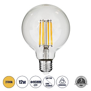 Glint® Λάμπα Led Long Filament E27 G95 Γλόμπος 12W 1200Lm 360° Ac 220-240V Ip20 Φ9.5 X Υ13.5Cm Θερμό Λευκό 2700K Με Διάφανο Γυαλί - Dimmable