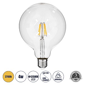 Glint® Λάμπα Led Long Filament E27 G125 Γλόμπος 4W 400Lm 360° Ac 220-240V Ip20 Φ12.5 X Υ18Cm Θερμό Λευκό 2700K Με Διάφανο Γυαλί - Dimmable