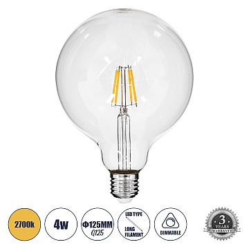 Glint® Λάμπα Led Long Filament E27 G125 Γλόμπος 4W 400Lm 360° Ac 220-240V Ip20 Φ12.5 X Υ18Cm Θερμό Λευκό 2700K Με Διάφανο Γυαλί - Dimmable