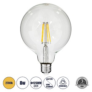 Glint® Λάμπα Led Long Filament E27 G125 Γλόμπος 8W 800Lm 360° Ac 220-240V Ip20 Φ12.5 X Υ18Cm Θερμό Λευκό 2700K Με Διάφανο Γυαλί - Dimmable