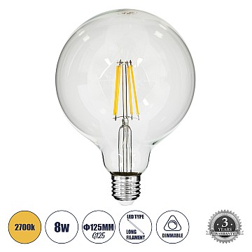 Glint® Λάμπα Led Long Filament E27 G125 Γλόμπος 8W 800Lm 360° Ac 220-240V Ip20 Φ12.5 X Υ18Cm Θερμό Λευκό 2700K Με Διάφανο Γυαλί - Dimmable