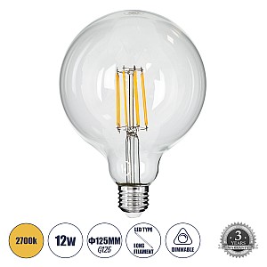 Glint® Λάμπα Led Long Filament E27 G125 Γλόμπος 12W 1200Lm 360° Ac 220-240V Ip20 Φ12.5 X Υ18Cm Θερμό Λευκό 2700K Με Διάφανο Γυαλί - Dimmable