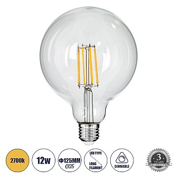 Glint® Λάμπα Led Long Filament E27 G125 Γλόμπος 12W 1200Lm 360° Ac 220-240V Ip20 Φ12.5 X Υ18Cm Θερμό Λευκό 2700K Με Διάφανο Γυαλί - Dimmable