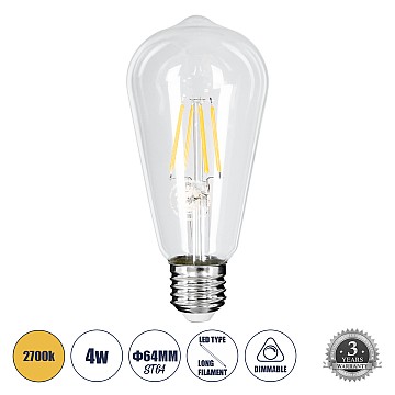 Glint® Λάμπα Led Long Filament E27 St64 Αχλάδι 4W 400Lm 360° Ac 220-240V Ip20 Φ6.4 X Υ14Cm Θερμό Λευκό 2700K Με Διάφανο Γυαλί Dimmable