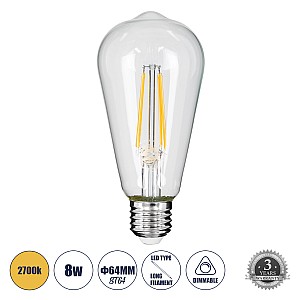 Glint® Λάμπα Led Long Filament E27 St64 Αχλάδι 8W 800Lm 360° Ac 220-240V Ip20 Φ6.4 X Υ14Cm Θερμό Λευκό 2700K Με Διάφανο Γυαλί - Dimmable