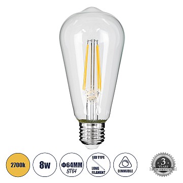 Glint® Λάμπα Led Long Filament E27 St64 Αχλάδι 8W 800Lm 360° Ac 220-240V Ip20 Φ6.4 X Υ14Cm Θερμό Λευκό 2700K Με Διάφανο Γυαλί - Dimmable