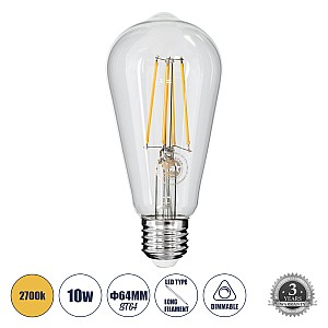 Glint® Λάμπα Led Long Filament E27 St64 Αχλάδι 10W 1000Lm 360° Ac 220-240V Ip20 Φ6.4 X Υ14Cm Θερμό Λευκό 2700K Με Διάφανο Γυαλί - Dimmable