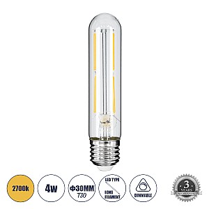 Glint® Λάμπα Led Long Filament E27 T30 Σωλήνας 4W 400Lm 360° Ac 220-240V Ip20 Φ3 X Υ13.5Cm Θερμό Λευκό 2700K Με Διάφανο Γυαλί - Dimmable