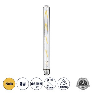 Glint® Λάμπα Led Long Filament E27 T30 Σωλήνας 8W 800Lm 360° Ac 220-240V Ip20 Φ3 X Υ30Cm Θερμό Λευκό 2700K Με Διάφανο Γυαλί - Dimmable