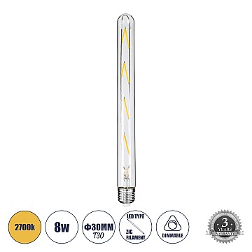 Glint® Λάμπα Led Long Filament E27 T30 Σωλήνας 8W 800Lm 360° Ac 220-240V Ip20 Φ3 X Υ30Cm Θερμό Λευκό 2700K Με Διάφανο Γυαλί - Dimmable