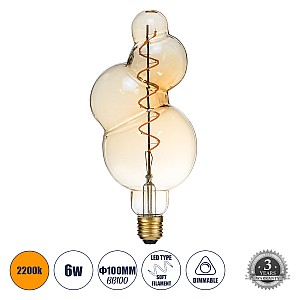 Glint® Λάμπα Led Soft S Spiral Filament E27 Bb100 Bubbles Γλόμπος 6W 420Lm 360° Ac 220-240V Ip20 Φ10 X Υ24Cm Ultra Θερμό Λευκό 2200K Με Μελί Γυαλί - Dimmable