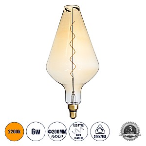 Glint® Λάμπα Led Soft S Spiral Filament E27 Ba200 Rocket Γλόμπος 6W 420Lm 360° Ac 220-240V Ip20 Φ20 X Υ41.5Cm Ultra Θερμό Λευκό 2200K Με Μελί Γυαλί - Dimmable