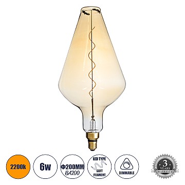 Glint® Λάμπα Led Soft S Spiral Filament E27 Ba200 Rocket Γλόμπος 6W 420Lm 360° Ac 220-240V Ip20 Φ20 X Υ41.5Cm Ultra Θερμό Λευκό 2200K Με Μελί Γυαλί - Dimmable