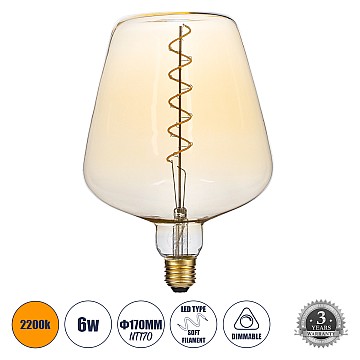 Glint® Λάμπα Led Soft S Spiral Filament E27 Nt170 Brandy Γλόμπος 6W 420Lm 360° Ac 220-240V Ip20 Φ17 X Υ23Cm Ultra Θερμό Λευκό 2200K Με Μελί Γυαλί - Dimmable