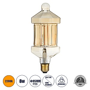 Glint® Λάμπα Led Long Filament E27 Ft95 Lantern Γλόμπος 8W 650Lm 360° Ac 220-240V Ip20 Φ9.5 X Υ21.5Cm Ultra Θερμό Λευκό 2200K Με Μελί Γυαλί - Dimmable