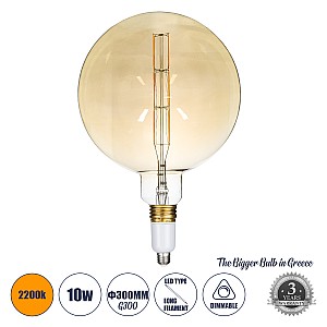 Glint® Λάμπα Led Long Filament E27 G300 Bulette Γλόμπος 10W 800Lm 360° Ac 220-240V Ip20 Φ30 X Υ49Cm Ultra Θερμό Λευκό 2200K Με Μελί Γυαλί - Dimmable  - The Bigger Bulb In Greece