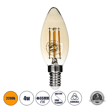 Glint® Λάμπα Led Long Filament E14 C35 Κεράκι 4W 350Lm 360° Ac 220-240V Ip20 Φ3.5 X Υ10.5Cm Ultra Θερμό Λευκό 2200K Με Μελί Γυαλί Dimmable