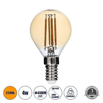 Glint® Λάμπα Led Long Filament E14 G45 Γλομπάκι 4W 350Lm 360° Ac 220-240V Ip20 Φ4.5 X Υ7.5Cm Ultra Θερμό Λευκό 2200K Με Μελί Γυαλί - Dimmable