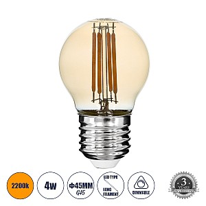 Glint® Λάμπα Led Long Filament E27 G45 Γλομπάκι 4W 350Lm 360° Ac 220-240V Ip20 Φ4.5 X Υ7.5Cm Ultra Θερμό Λευκό 2200K Με Μελί Γυαλί - Dimmable