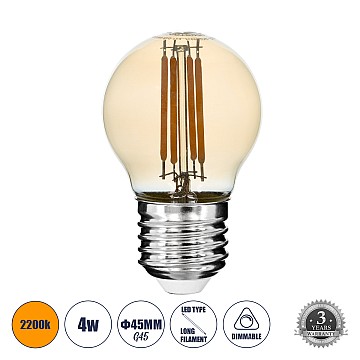 Glint® Λάμπα Led Long Filament E27 G45 Γλομπάκι 4W 350Lm 360° Ac 220-240V Ip20 Φ4.5 X Υ7.5Cm Ultra Θερμό Λευκό 2200K Με Μελί Γυαλί - Dimmable