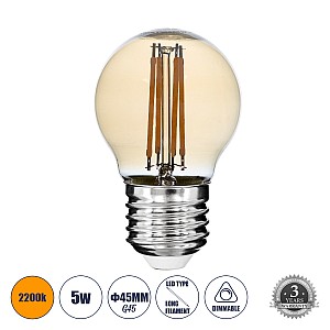 Glint® Λάμπα Led Long Filament E27 G45 Γλομπάκι 5W 450Lm 360° Ac 220-240V Ip20 Φ4.5 X Υ7.5Cm Ultra Θερμό Λευκό 2200K Με Μελί Γυαλί - Dimmable