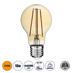 Glint® Λάμπα Led Long Filament E27 A60 Γλόμπος 10W 900Lm 360° Ac 220-240V Ip20 Φ6 X Υ10.5Cm Ultra Θερμό Λευκό 2200K Με Μελί Γυαλί - Dimmable