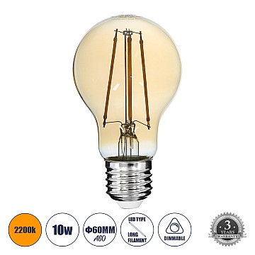 Glint® Λάμπα Led Long Filament E27 A60 Γλόμπος 10W 900Lm 360° Ac 220-240V Ip20 Φ6 X Υ10.5Cm Ultra Θερμό Λευκό 2200K Με Μελί Γυαλί - Dimmable