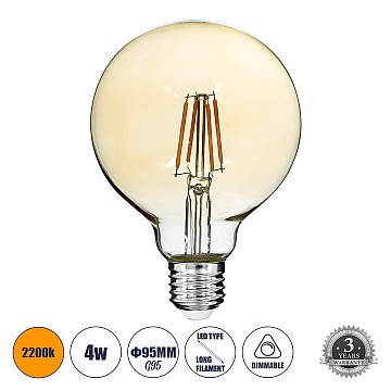 Glint® Led Long Filament Bulb E27 G95 Globe 4W 350Lm 360° Ac 220-240V Ip20 D9.5 X H13.5Cm Ultra Θερμό Λευκό 2200K Με Μελί Γυαλί - Dimmable