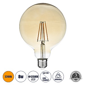 Glint® Λάμπα Led Long Filament E27 G125 Γλόμπος 8W 720Lm 360° Ac 220-240V Ip20 Φ12.5 X Υ18Cm Ultra Θερμό Λευκό 2200 K Με Μελί Γυαλί Dimmable