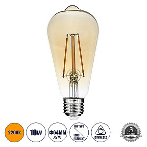 Glint® Λάμπα Led Long Filament E27 St64 Αχλάδι 10W 900Lm 360° Ac 220-240V Ip20 Φ6.4 X Υ14Cm  Ultra Θερμό Λευκό 2200K Με Μελί Γυαλί Dimmable