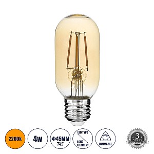 Glint® Λάμπα Led Long Filament E27 T45 Σωλήνας 4W 350Lm 360° Ac 220-240V Ip20 Φ4.5 X Υ11Cm Ultra Θερμό Λευκό 2200K Με Μελί Γυαλί - Dimmable