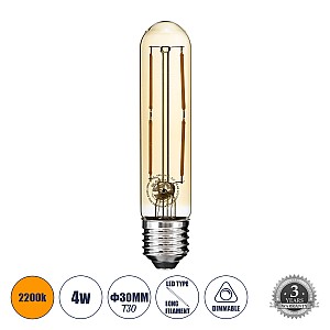 Glint® Λάμπα Led Long Filament E27 T30 Σωλήνας 4W 350Lm 360° Ac 220-240V Ip20 Φ3 X Υ13.5Cm Ultra Θερμό Λευκό 2200K Με Μελί Γυαλί - Dimmable