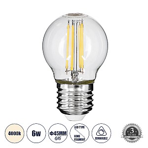 Glint® Λάμπα Led Long Filament E27 G45 Γλομπάκι 6W 660Lm 360° Ac 220-240V Ip20 Φ4.5 X Υ7.5Cm Φυσικό Λευκό 4000K Με Διάφανο Γυαλί - Dimmable