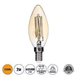 Glint® Λάμπα Led Ultra Thin Soft S Spiral Filament E14 C35 Κεράκι 2W 140Lm 360° Ac 220-240V Ip20 Φ3.5 X Υ10.5Cm Ultra Θερμό Λευκό 2200K Με Μελί Γυαλί - Dimmable