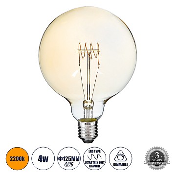 Glint® Λάμπα Led Ultra Thin Soft S Spiral Filament E27 G125 Γλόμπος 4W 280Lm 360° Ac 220-240V Ip20 Φ12.5 X Υ18Cm Ultra Θερμό Λευκό 2200K Με Μελί Γυαλί - Dimmable