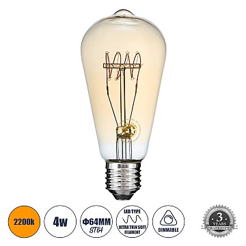 Glint® Λάμπα Led Ultra Thin Soft S Spiral Filament E27 St64 Αχλάδι 4W 280Lm 360° Ac 220-240V Ip20 Φ6.4 X Υ14Cm Ultra Θερμό Λευκό 2200K Με Μελί Γυαλί - Dimmable