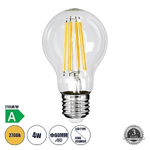 Glint® Λάμπα Led Long Filament E27 A60 Γλόμπος 4W 840Lm 360° Ac 220-240V Ip20 Φ6 X Υ11Cm Θερμό Λευκό 2700K Με Διάφανο Γυαλί - Pro Series 210Lm/W - A Ενεργειακή Κλάση