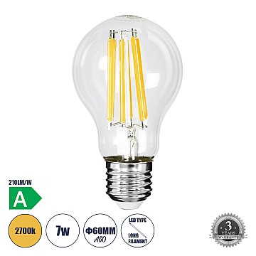 Glint® Λάμπα Led Long Filament E27 A60 Γλόμπος 7W 1470Lm 360° Ac 220-240V Ip20 Φ6 X Υ11Cm Θερμό Λευκό 2700K Με Διάφανο Γυαλί - Pro Series 210Lm/W - A Ενεργειακή Κλάση