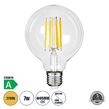 Glint® Λάμπα Led Long Filament E27 G95 Γλόμπος 7W 1470Lm 360° Ac 220-240V Ip20 Φ9.5 X Υ13.8Cm Θερμό Λευκό 2700K Με Διάφανο Γυαλί - Pro Series 210Lm/W - A Ενεργειακή Κλάση