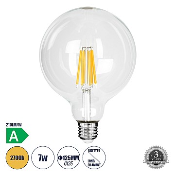 Glint® Λάμπα Led Long Filament E27 G125 Γλόμπος 7W 1470Lm 360° Ac 220-240V Ip20 Φ12.5 X Υ13.8Cm Θερμό Λευκό 2700K Με Διάφανο Γυαλί - Pro Series 210Lm/W - A Ενεργειακή Κλάση