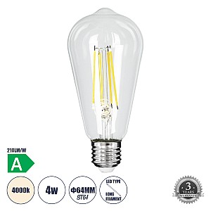 Glint® Λάμπα Led Long Filament E27 St64 Αχλάδι 4W 840Lm 360° Ac 220-240V Ip20 Φ6.4 X Υ14.5Cm Φυσικό Λευκό 4000K Με Διάφανο Γυαλί - Pro Series 210Lm/W - A Ενεργειακή Κλάση