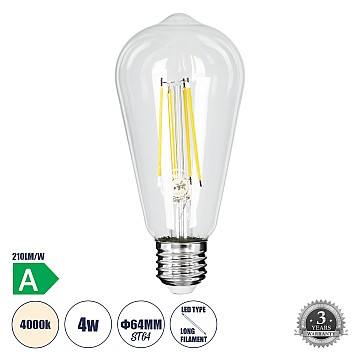 Glint® Λάμπα Led Long Filament E27 St64 Αχλάδι 4W 840Lm 360° Ac 220-240V Ip20 Φ6.4 X Υ14.5Cm Φυσικό Λευκό 4000K Με Διάφανο Γυαλί - Pro Series 210Lm/W - A Ενεργειακή Κλάση